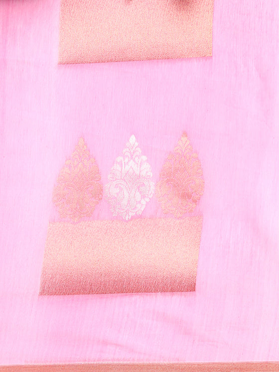 Stylish Silver Copper Jari Pink Semi Kora Cotton Saree SK93
