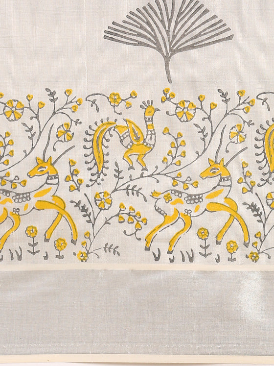 Kerala Tissue Printed Silver Jari Border Saree OKS31 Onam Collection