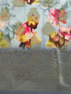 Semi Tussar Grey Flower Printed Saree with Tassels STP17