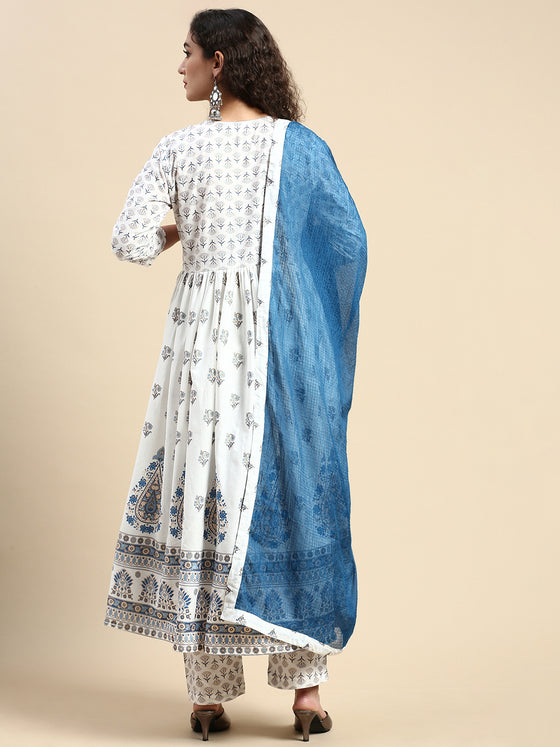 Beautiful White with Blue Printed & Embroidered Kurti Set PKS03