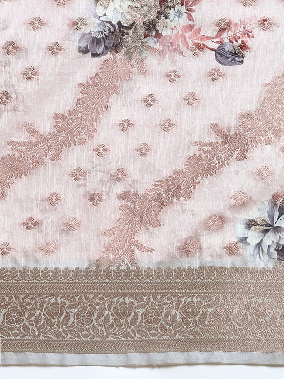 Beautiful Dola Silk Light Peach Flower Digital Print with Jari Border Sarees DS05