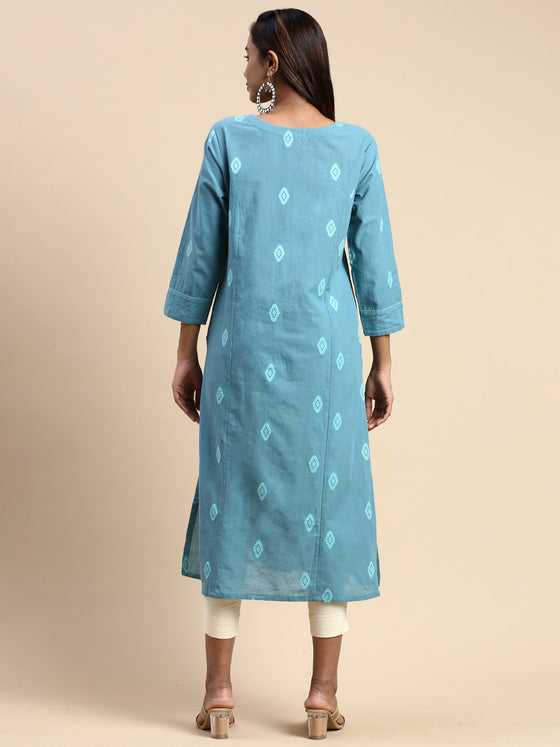 Cotton Embroidered Round Neck Straight Cut Greenish Blue Kurti EK29