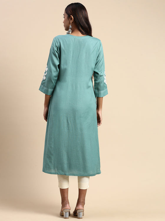 Cotton Embroidered Round Neck Straight Cut Green Kurti EK32