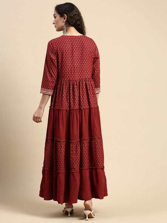 Elegant Embroidered and Printed Red & Sandal Umbrella Kurti EK20