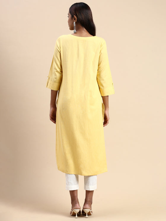 Cotton Plain Round Neck Straight Cut Yellow Kurti CPK05