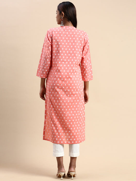 Cotton Printed Collar Neck Straight Cut Pink Kurti PK25