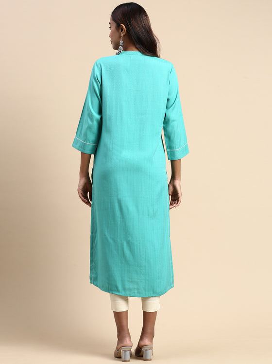 Cotton Embroidered Mandarin Collar Straight Cut Green Kurti EK25
