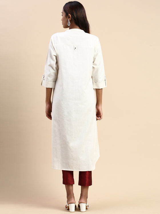 Cotton Plain Round Neck Straight Cut Off White Kurti CPK09