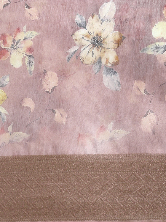 Semi Organza Brown and Sandal Flower Printed with Jari Border Saree SOS01