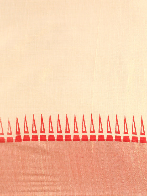 Kerala Tissue Flower Printed Gold Jari & Red Border with Tussle Saree OKS04