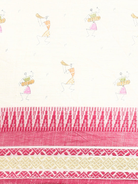 Semi Cotton Printed Saree White and Pink SCS08
