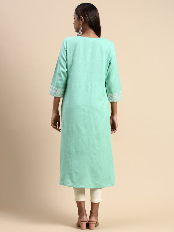 Cotton Plain Mandarin Collar Straight Cut Green Kurti CPK04
