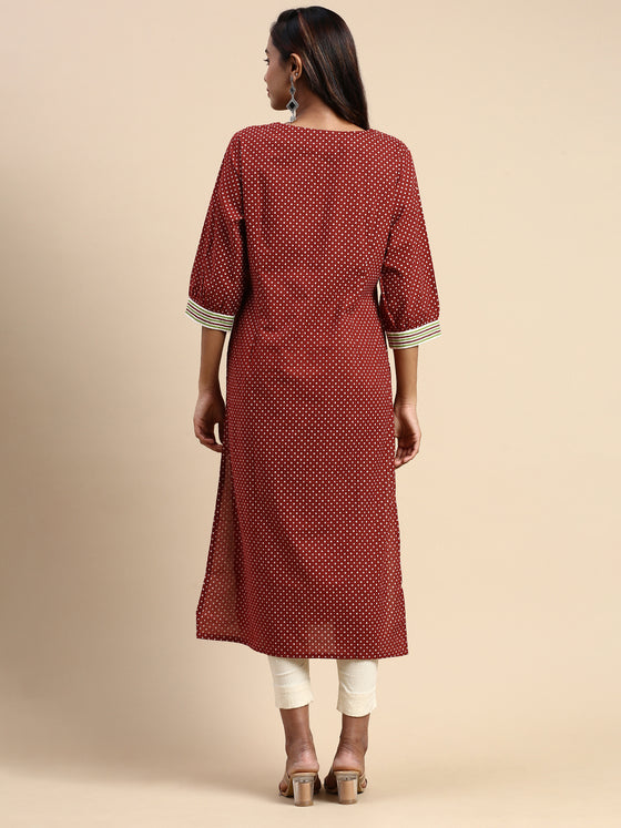 Cotton Printed Round Neck Straight Cut Brown Kurti PK29