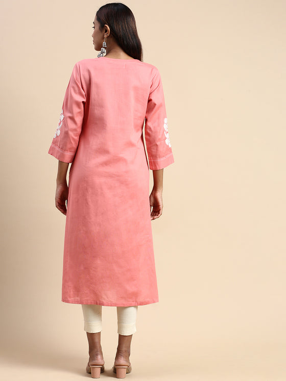 Cotton Embroidered Round Neck Straight Cut Pink Kurti EK33