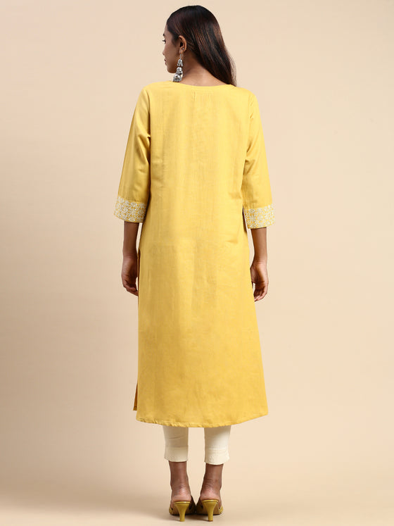 Cotton Plain Round Neck Straight Cut Mustard Kurti CPK07