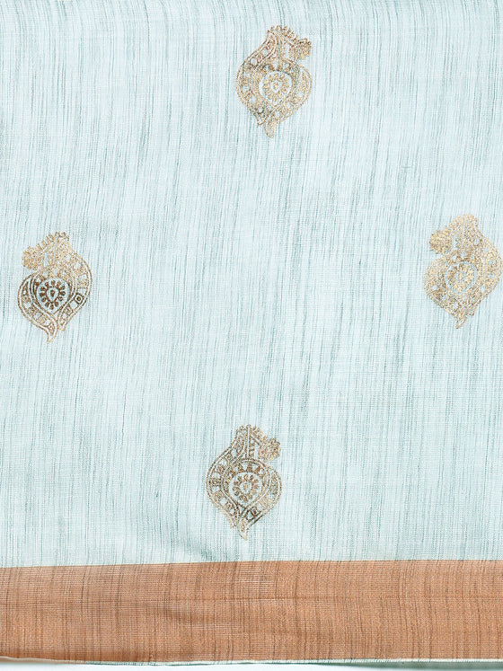 Gorgeous Semi Linen Gray Butta Printed Embroidery Saree SLPE08