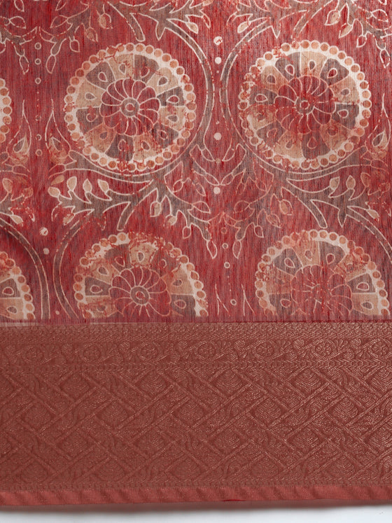 Elegant Semi Linen Flower Digital Print Maroon & Sandal Saree SL57
