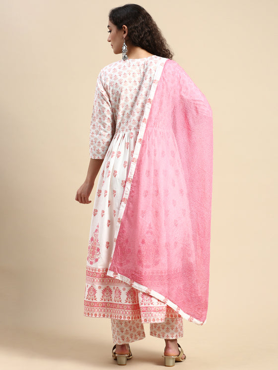 Beautiful White with Pink Printed & Embroidered Kurti Set PKS06