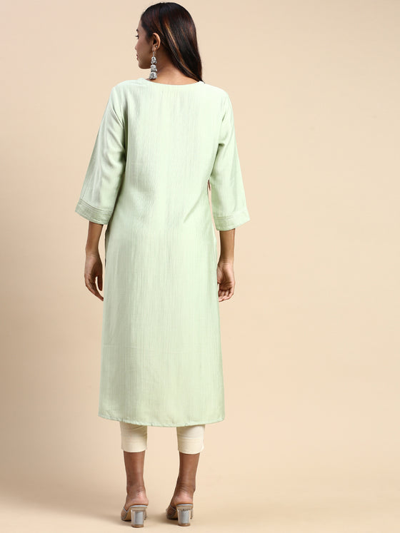 Cotton Embroidered Round Neck Straight Cut Green Kurti EK36