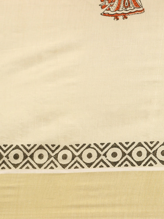 Kerala Tissue Printed Gold Jari Border Saree OKS27 Onam Collection