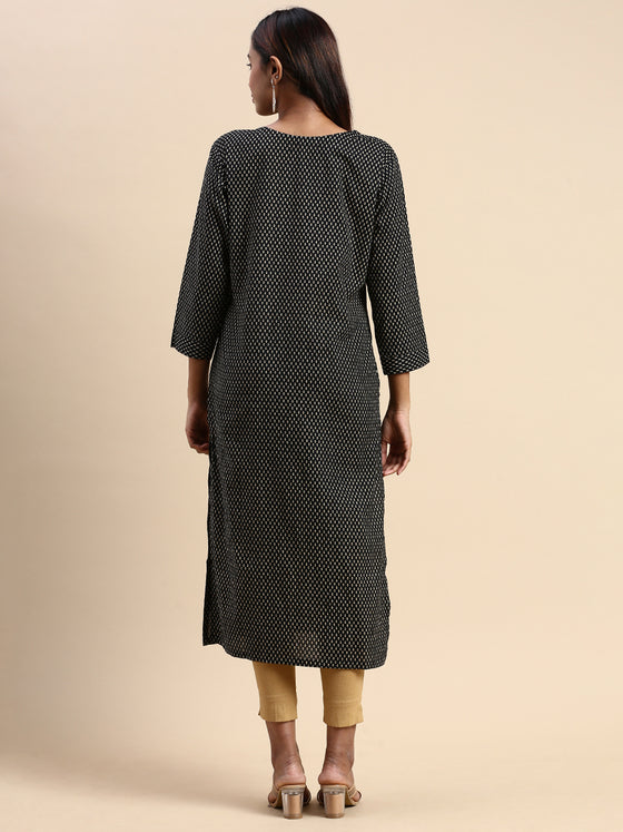 Cotton Printed Round Neck Straight Cut Black Kurti PK26