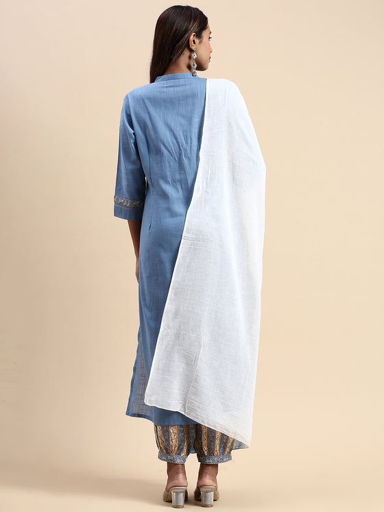 Cotton Blue & Brown Collar Neck Straight Cut Printed Kurti Set PKS10