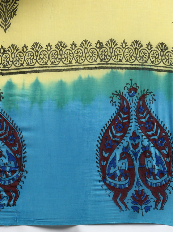 Semi Cotton Printed Saree Yellow and Blue SCS12