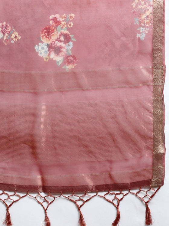 Elegant Semi Linen Brown & Sandal Flower Digital Printed Saree SL55