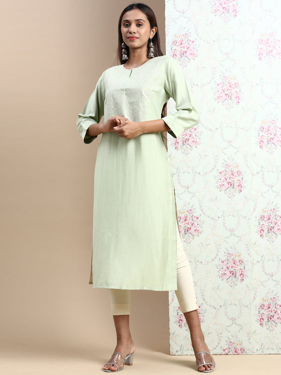 Cotton Embroidered Round Neck Straight Cut Green Kurti EK36