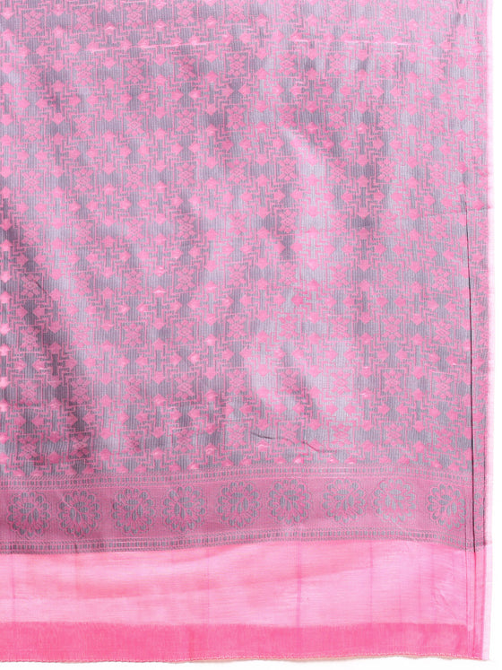 Stylish Grey & Pink Leaf Design Semi Kora Cotton Saree SK85