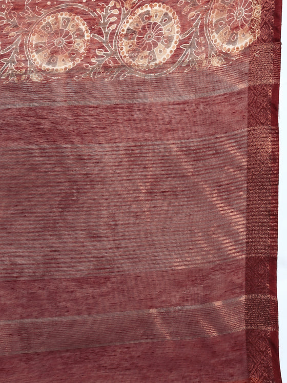 Elegant Semi Linen Flower Digital Print Maroon & Sandal Saree SL57