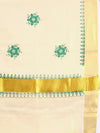 Kerala Tissue Flower Printed Gold Jari & Green Border Saree OKS16