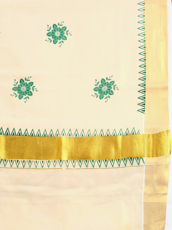 Kerala Tissue Flower Printed Gold Jari & Green Border Saree OKS16