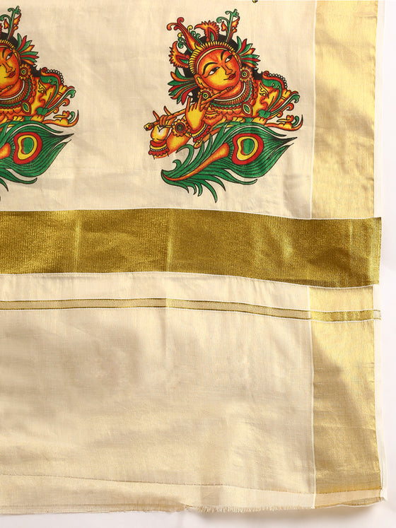 Kerala Tissue Krishna with Flute Printed Gold Jari Border Saree OKS37 Onam Collection