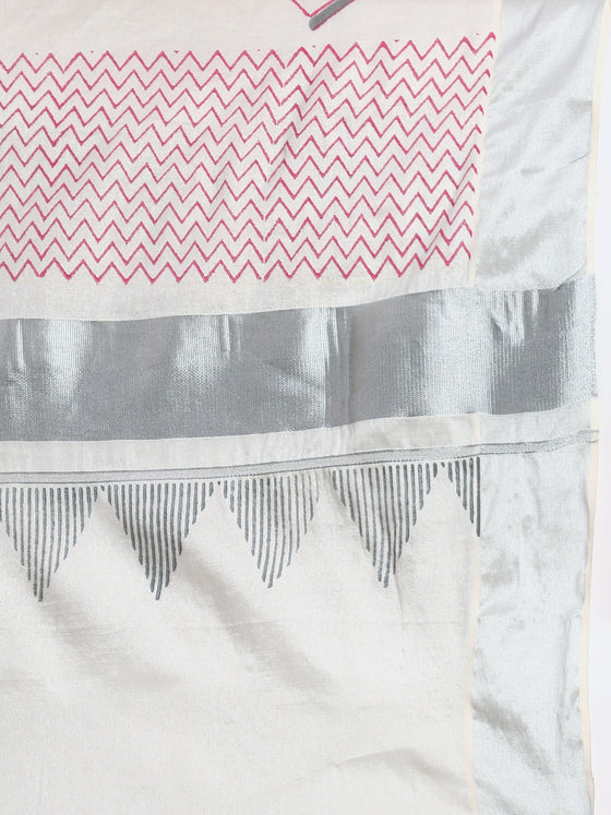Kerala Tissue Printed Silver Jari Border Saree OKS38 Onam Collection