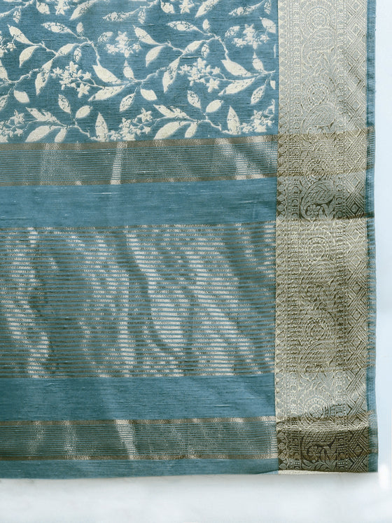 Elegant Semi Linen Digital Print Bluish Green & Sandal Saree SL53
