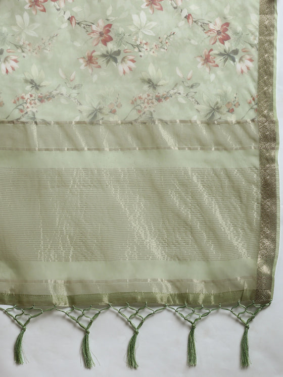 Elegant Semi Linen Flower Digital Print Light Green Saree SL54
