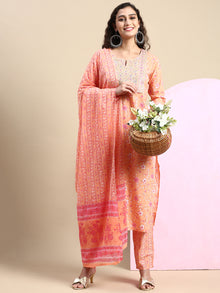  Beautiful Orange with Pink Printed & Embroidered Kurti Set PKS07
