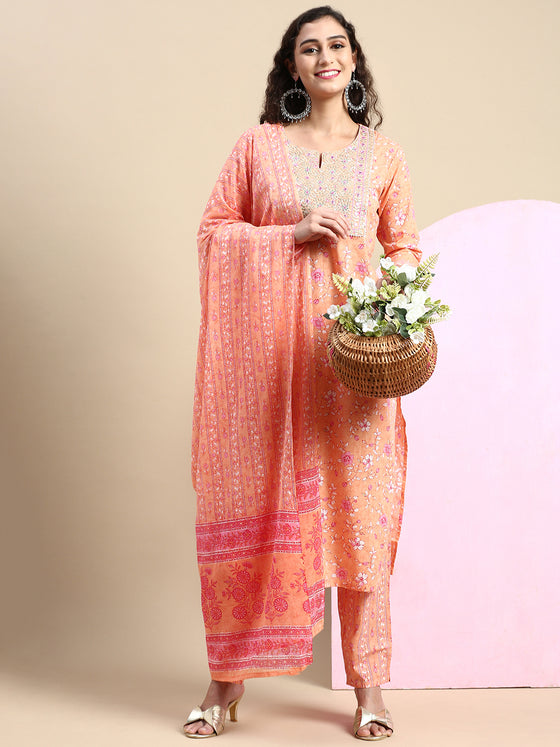 Beautiful Orange with Pink Printed & Embroidered Kurti Set PKS07