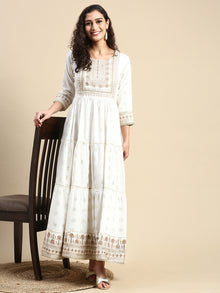  Elegant Embroidered and Printed White & Sandal Umbrella Kurti EK22