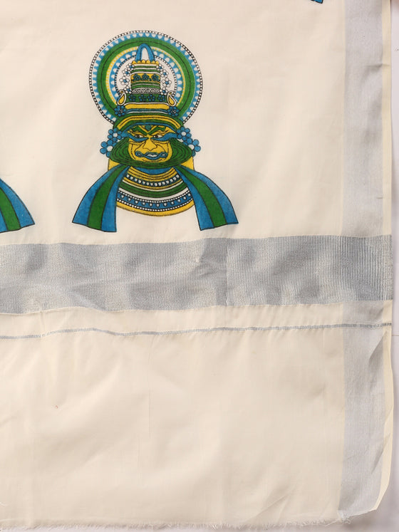 Kerala Off White Kathakali Doll Design Printed Silver Jari Saree OKS07