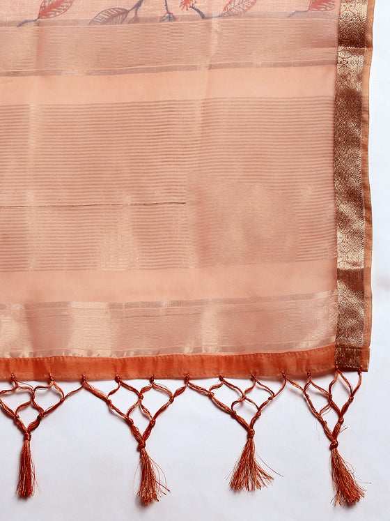 Elegant Semi Linen Orange Flower Digital Printed Saree SL52