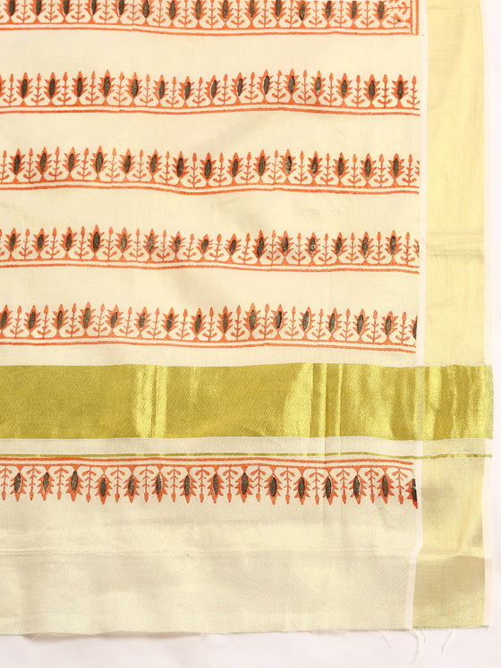 Kerala Tissue Printed Gold Jari Border Saree OKS26 Onam Collection