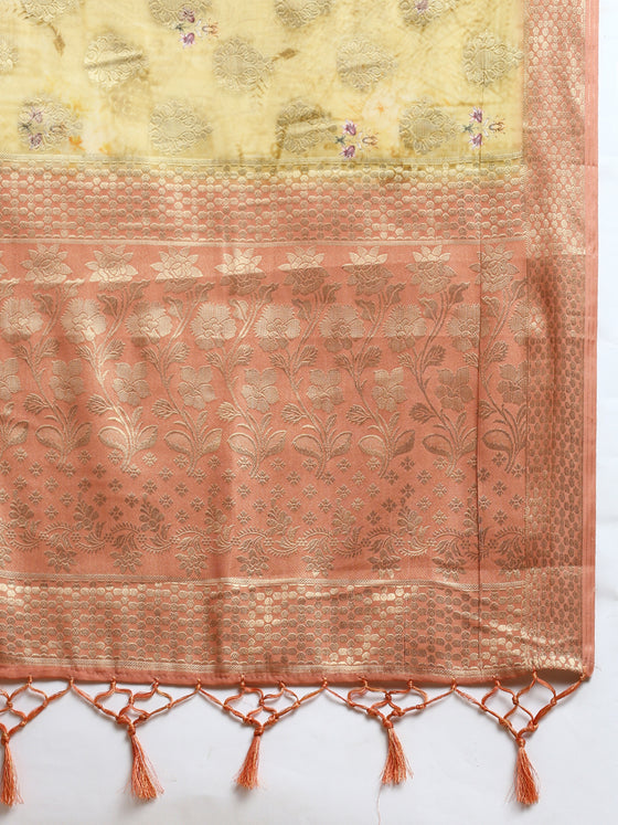 Semi Tussar Peach & Yellow Flower Printed Saree with Tassels STP15