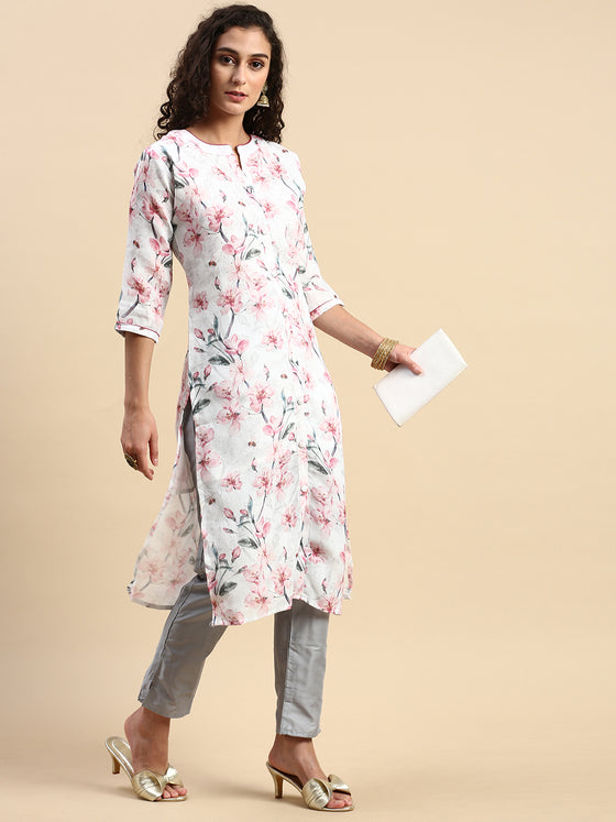 Cotton Printed Straight Cut White and Pink Kurti EK14
