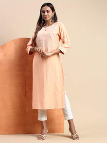  Cotton Embroidered Round Neck Straight Cut Orange Kurti EK34