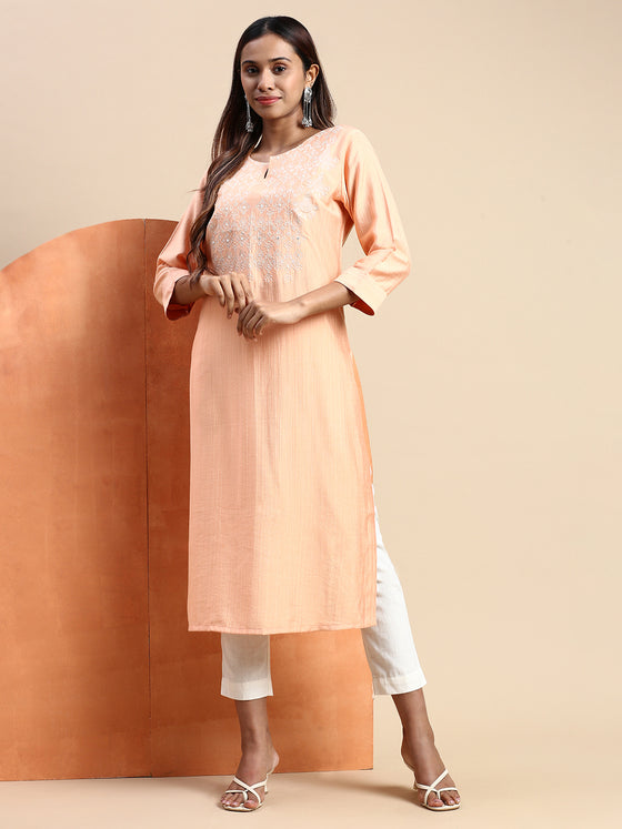 Cotton Embroidered Round Neck Straight Cut Orange Kurti EK34