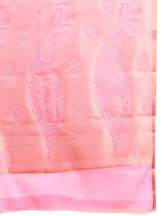 Stylish Silver Copper Jari Pink Semi Kora Cotton Saree SK93