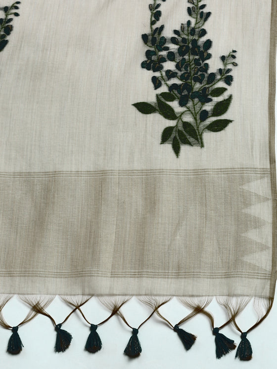 Womens Semi Tussar Grey Flower Embroidery Saree ST90