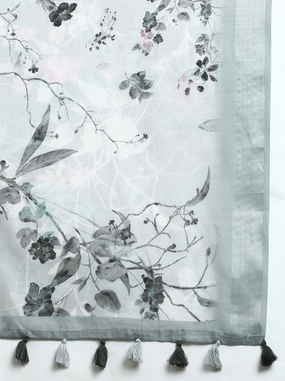 Alluring Semi Linen Grey Floral Printed Embroidery Saree SLPE09